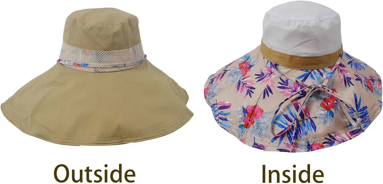 Packable Large Brim Sun Hat for Women - 6.7" Wide-Brim UV-Protection Women's-Sun-Beach-Hats with Strap
