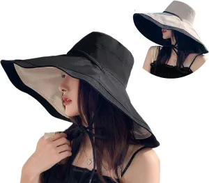 Packable Large Brim Sun Hat for Women - 6.7" Wide-Brim UV-Protection Women's-Sun-Beach-Hats with Strap
