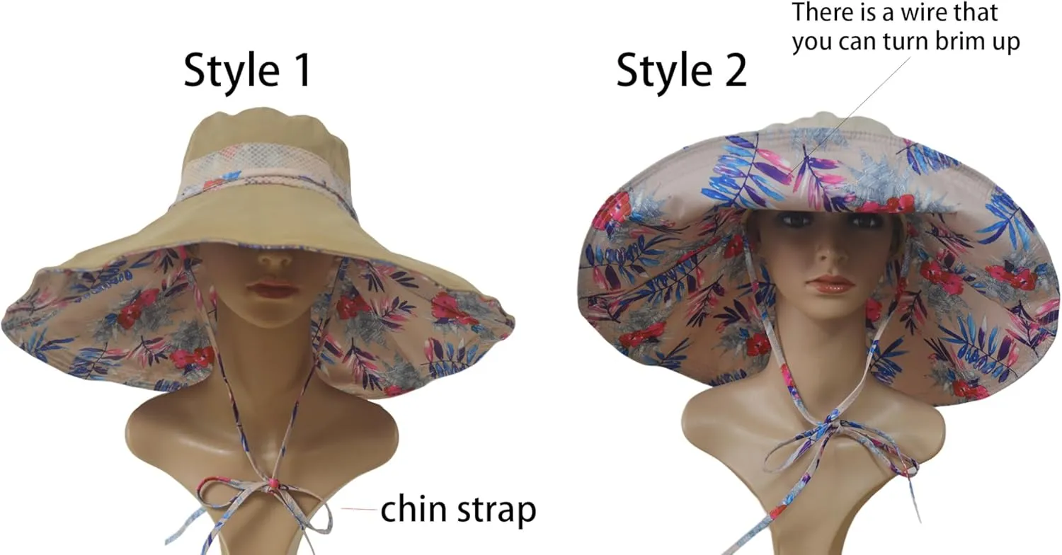 Packable Large Brim Sun Hat for Women - 6.7" Wide-Brim UV-Protection Women's-Sun-Beach-Hats with Strap