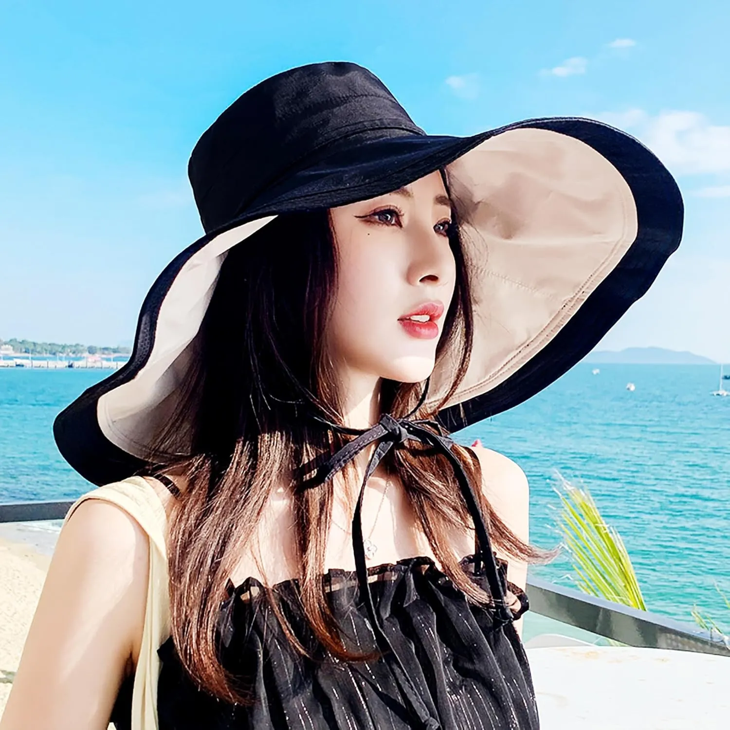 Packable Large Brim Sun Hat for Women - 6.7" Wide-Brim UV-Protection Women's-Sun-Beach-Hats with Strap