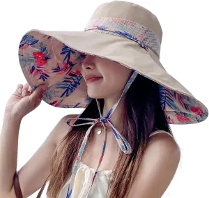 Packable Large Brim Sun Hat for Women - 6.7" Wide-Brim UV-Protection Women's-Sun-Beach-Hats with Strap