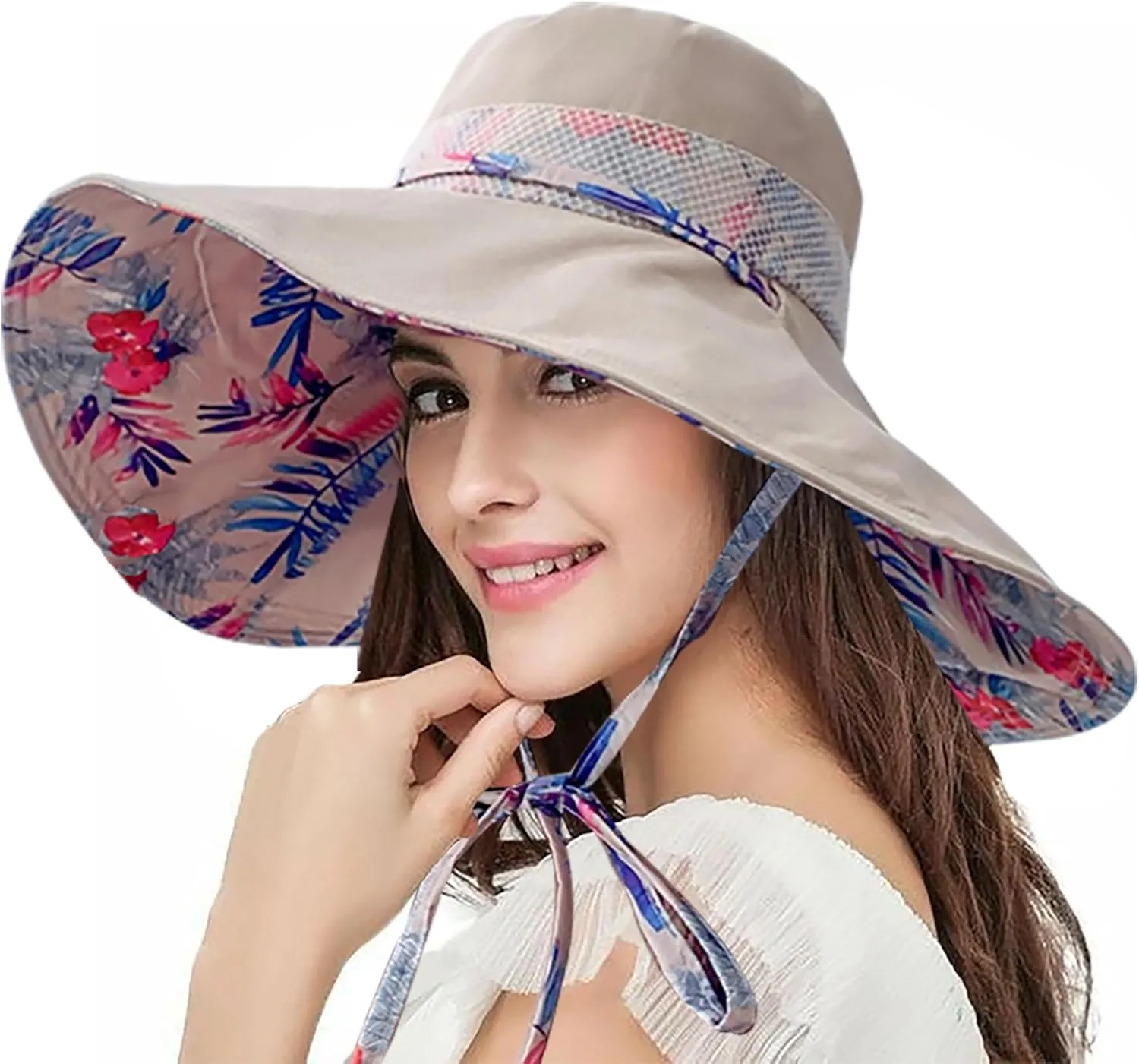 Packable Large Brim Sun Hat for Women - 6.7" Wide-Brim UV-Protection Women's-Sun-Beach-Hats with Strap