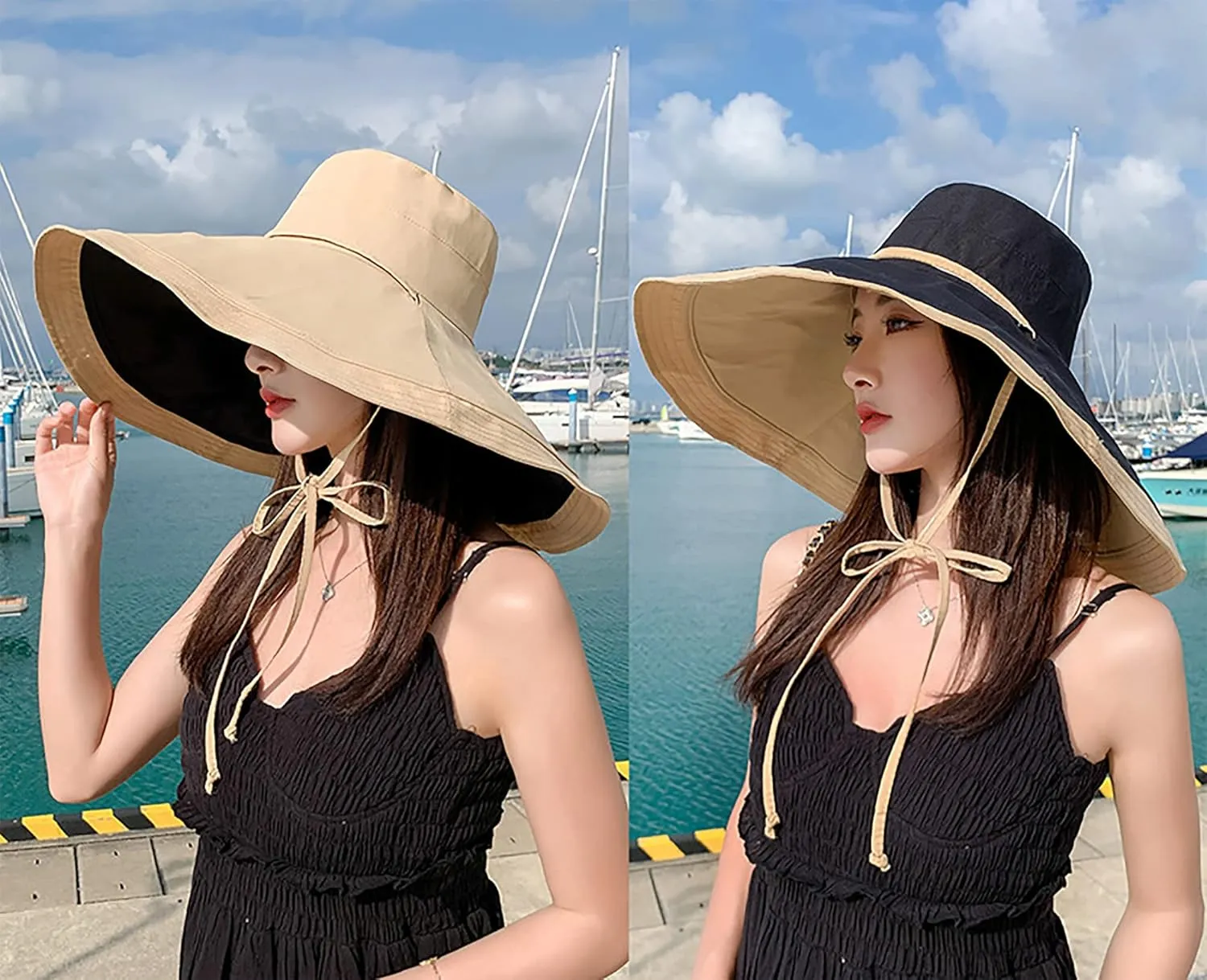 Packable Large Brim Sun Hat for Women - 6.7" Wide-Brim UV-Protection Women's-Sun-Beach-Hats with Strap
