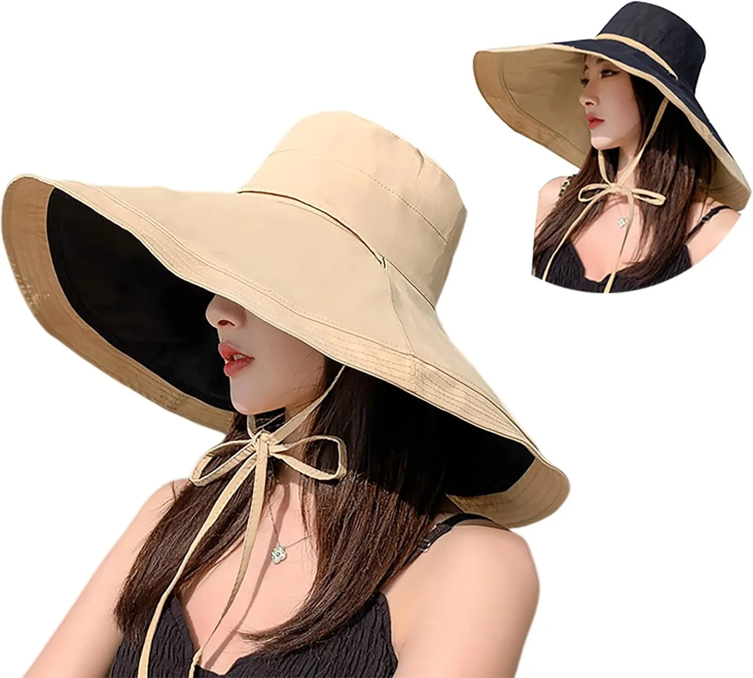 Packable Large Brim Sun Hat for Women - 6.7" Wide-Brim UV-Protection Women's-Sun-Beach-Hats with Strap