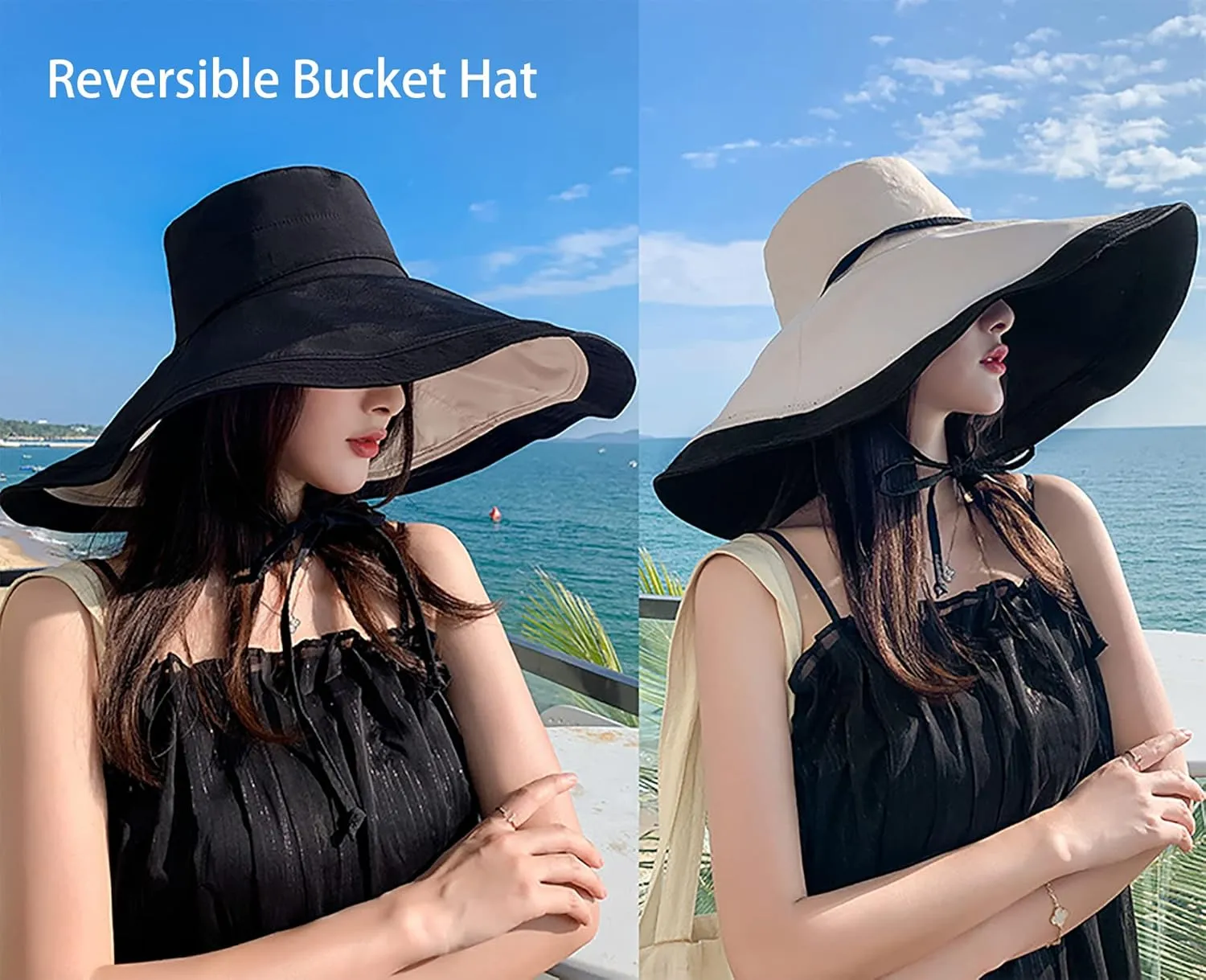 Packable Large Brim Sun Hat for Women - 6.7" Wide-Brim UV-Protection Women's-Sun-Beach-Hats with Strap