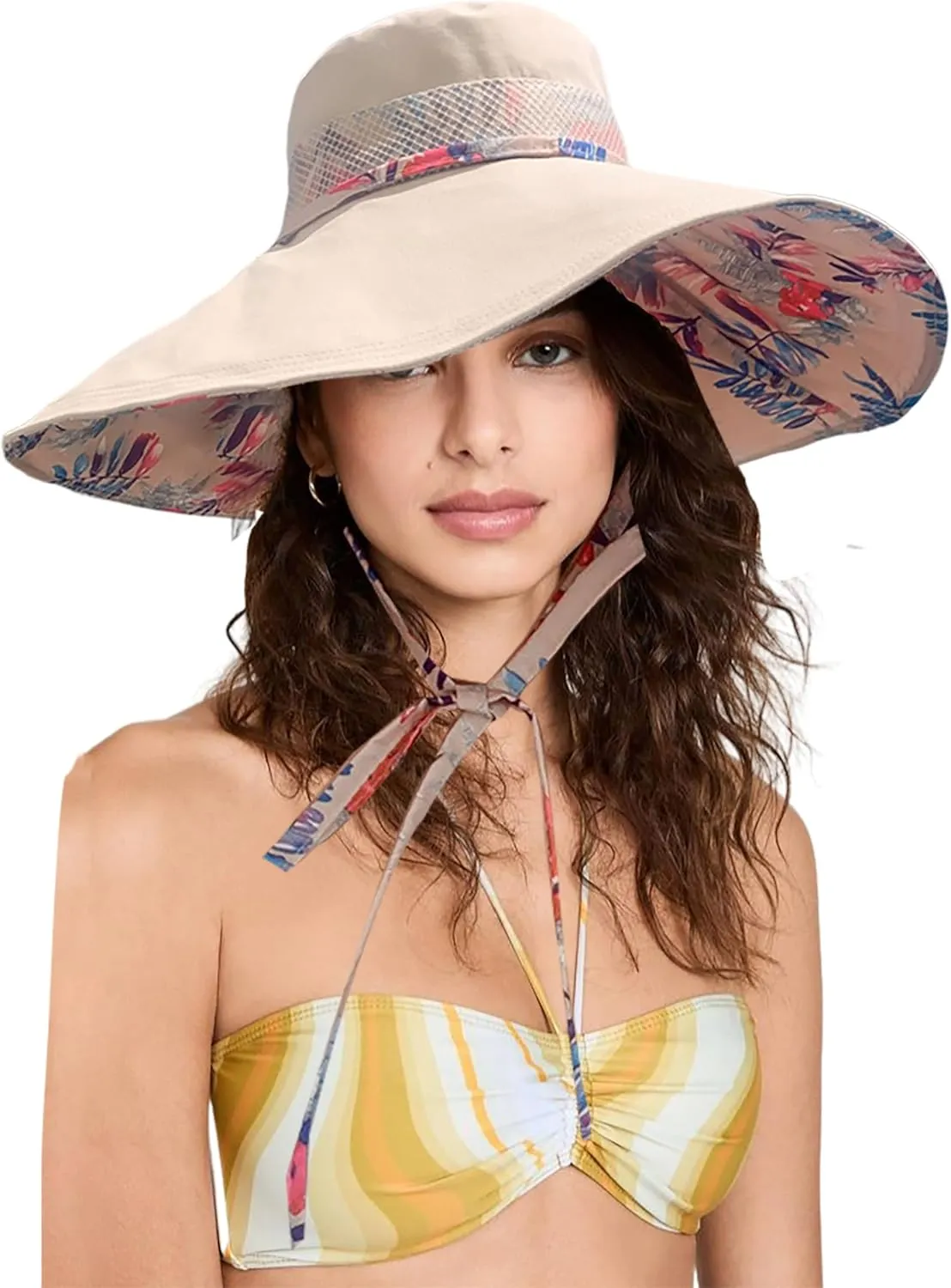 Packable Large Brim Sun Hat for Women - 6.7" Wide-Brim UV-Protection Women's-Sun-Beach-Hats with Strap