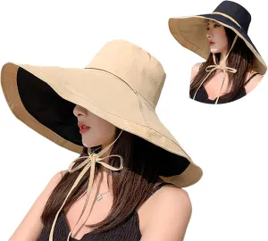 Packable Large Brim Sun Hat for Women - 6.7" Wide-Brim UV-Protection Women's-Sun-Beach-Hats with Strap