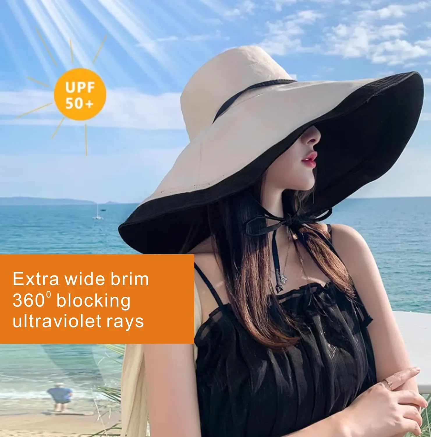 Packable Large Brim Sun Hat for Women - 6.7" Wide-Brim UV-Protection Women's-Sun-Beach-Hats with Strap