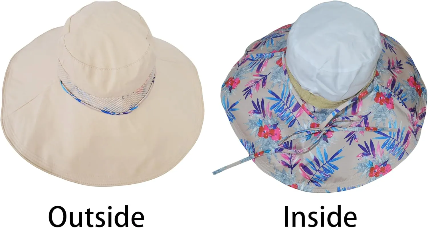 Packable Large Brim Sun Hat for Women - 6.7" Wide-Brim UV-Protection Women's-Sun-Beach-Hats with Strap