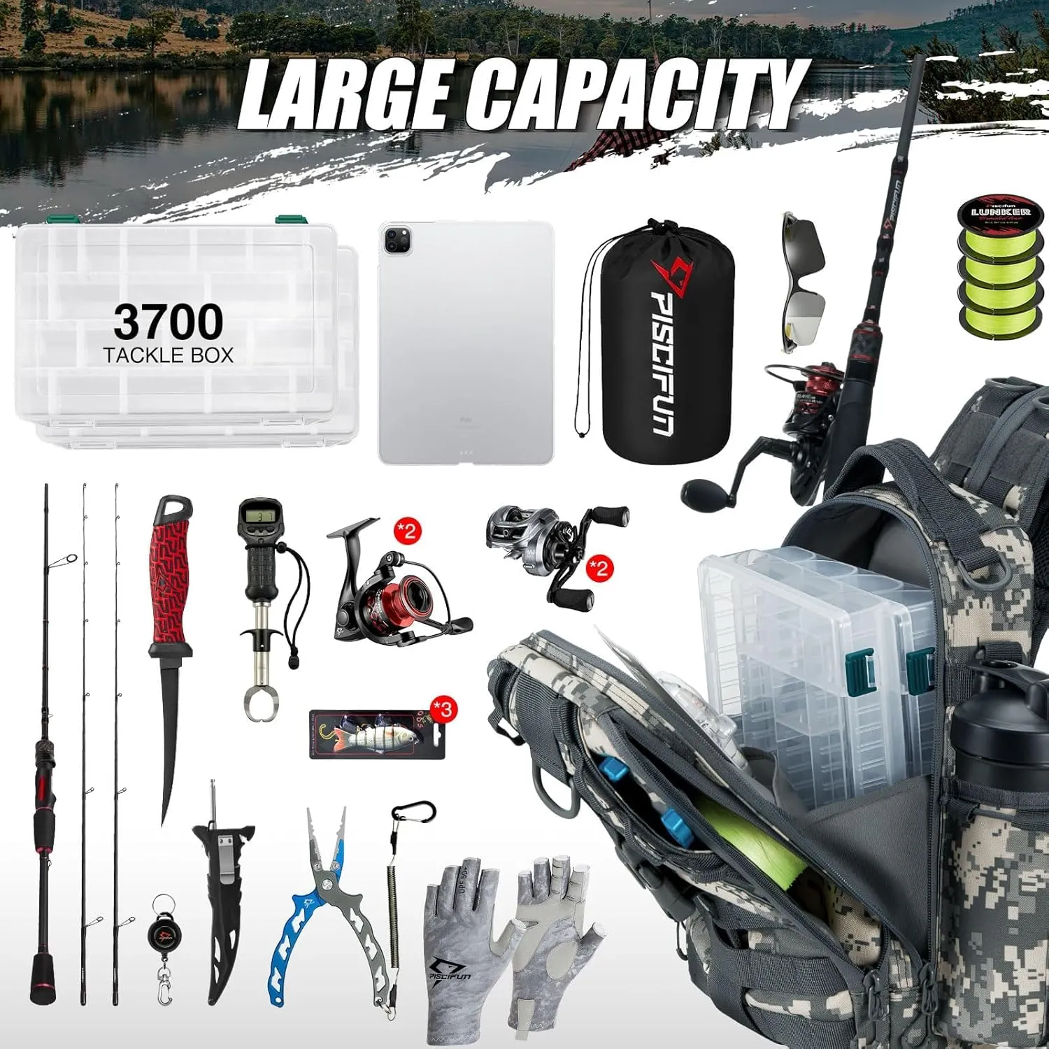Piscifun Fishing Tackle Backpack with Rod & Gear Holder, Lightweight Outdoor Water-Resistant Fishing Shoulder Storage Bag