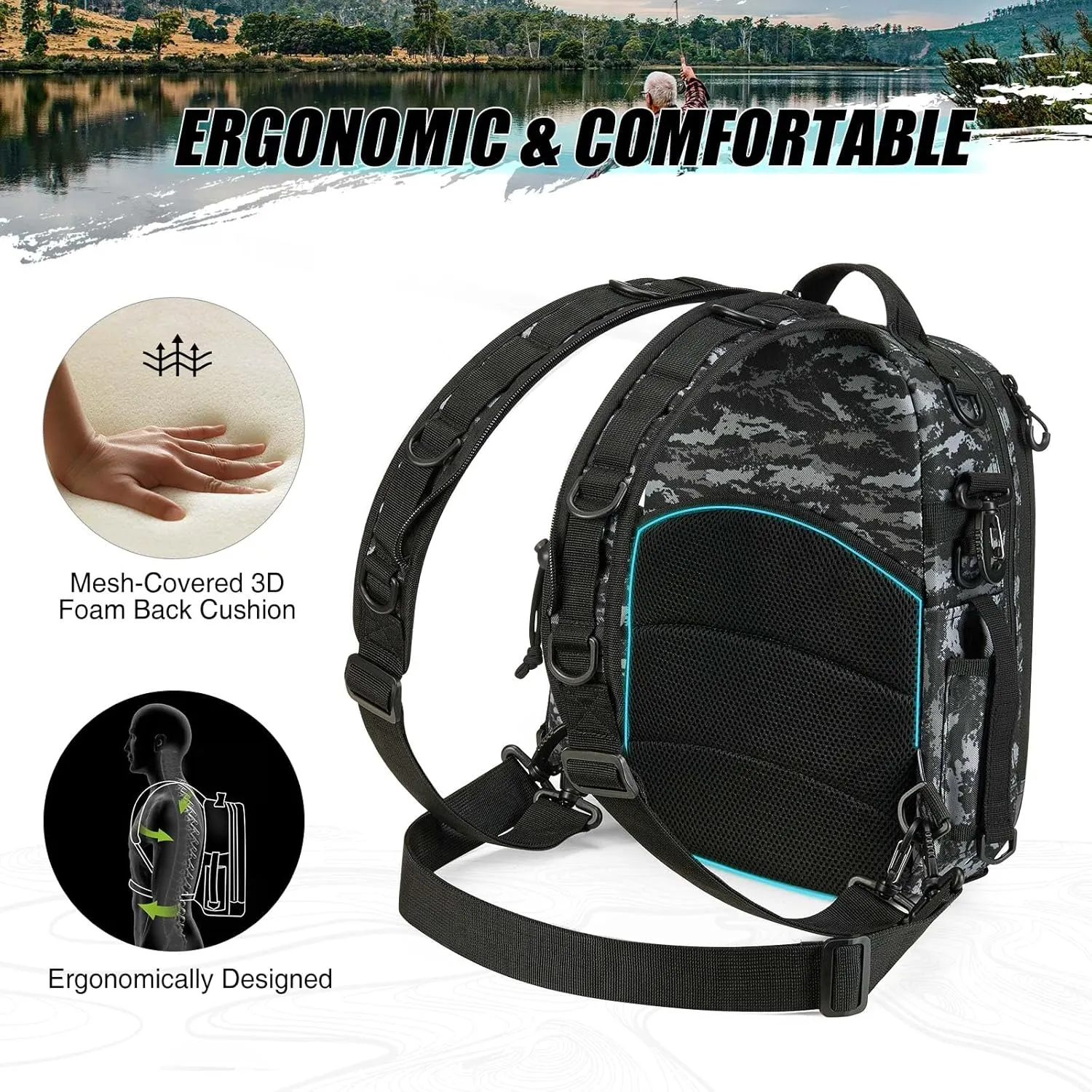 Piscifun Fishing Tackle Backpack with Rod & Gear Holder, Lightweight Outdoor Water-Resistant Fishing Shoulder Storage Bag