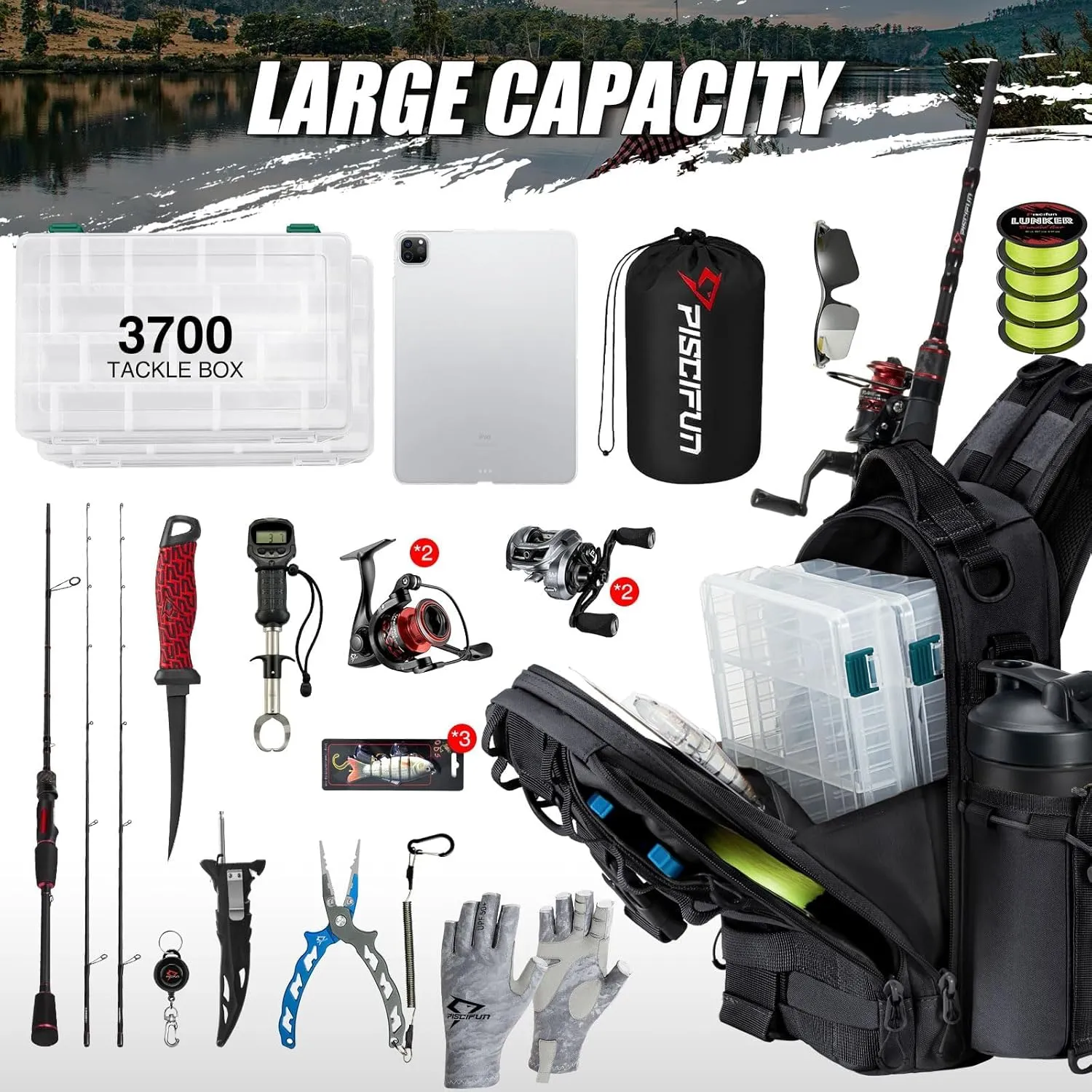 Piscifun Fishing Tackle Backpack with Rod & Gear Holder, Lightweight Outdoor Water-Resistant Fishing Shoulder Storage Bag