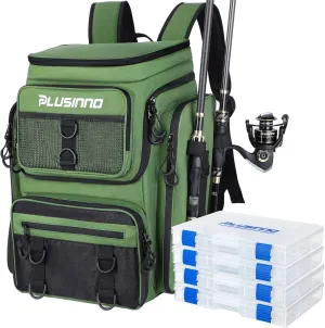 PLUSINNO Fishing Backpack with Rod Holders Tackle Box, 42L Large Water-resistant Fishing Tackle Bag Store Fishing Gear