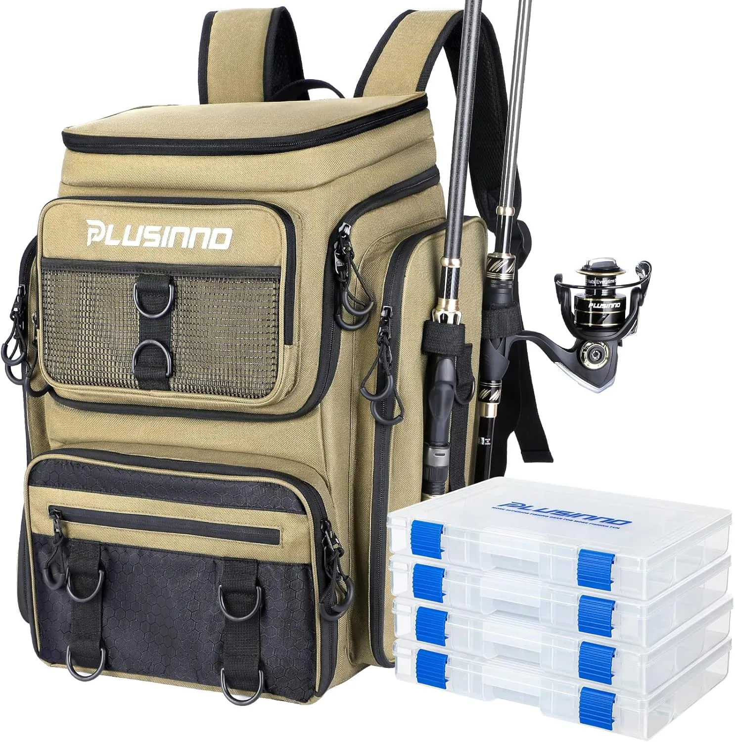 PLUSINNO Fishing Backpack with Rod Holders Tackle Box, 42L Large Water-resistant Fishing Tackle Bag Store Fishing Gear