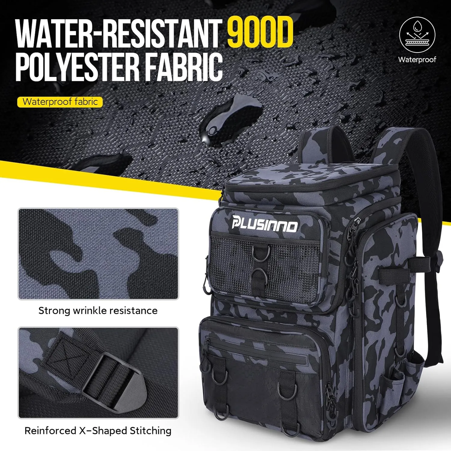 PLUSINNO Fishing Backpack with Rod Holders Tackle Box, 42L Large Water-resistant Fishing Tackle Bag Store Fishing Gear