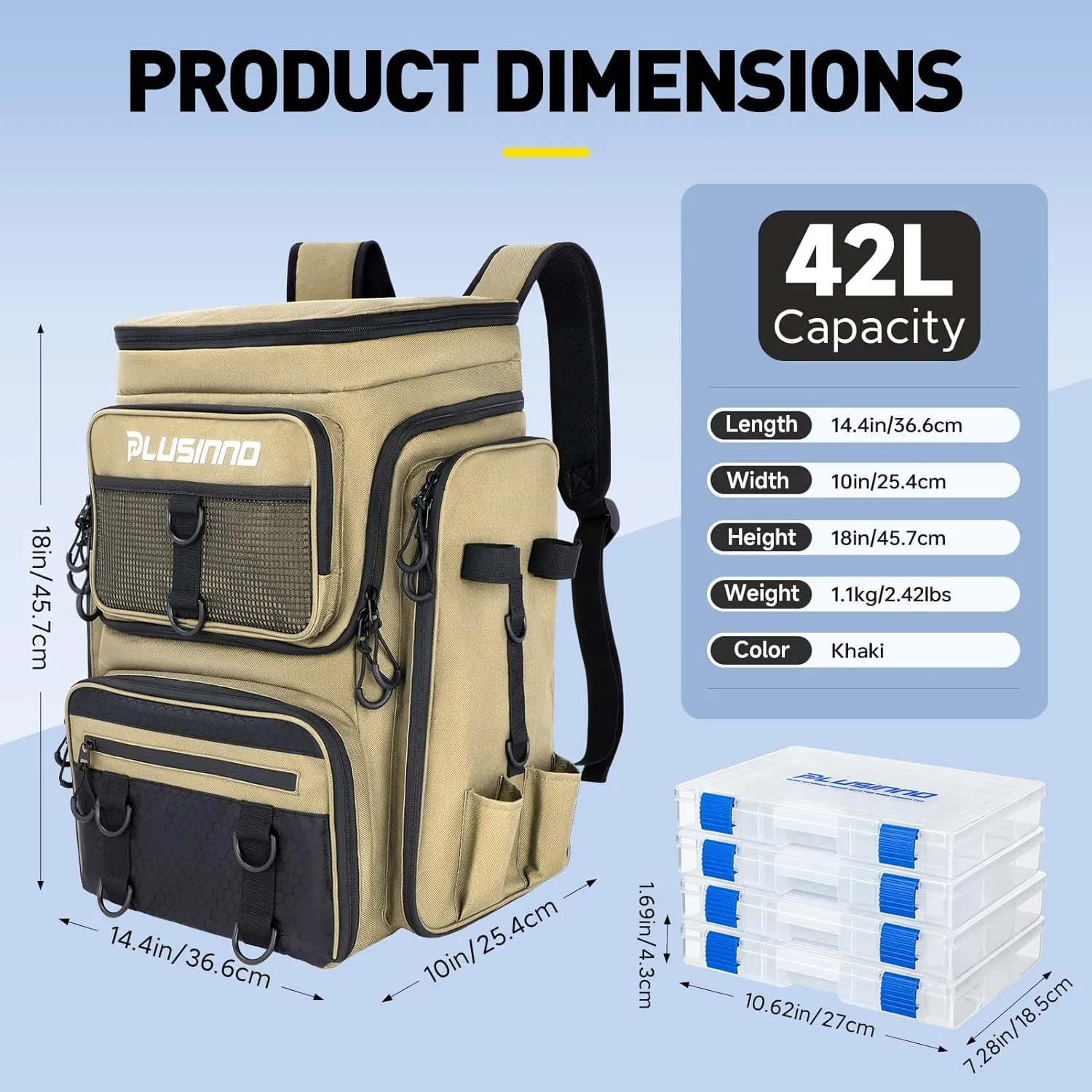 PLUSINNO Fishing Backpack with Rod Holders Tackle Box, 42L Large Water-resistant Fishing Tackle Bag Store Fishing Gear