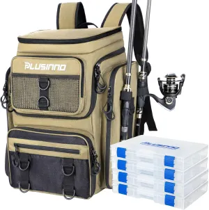 PLUSINNO Fishing Backpack with Rod Holders Tackle Box, 42L Large Water-resistant Fishing Tackle Bag Store Fishing Gear