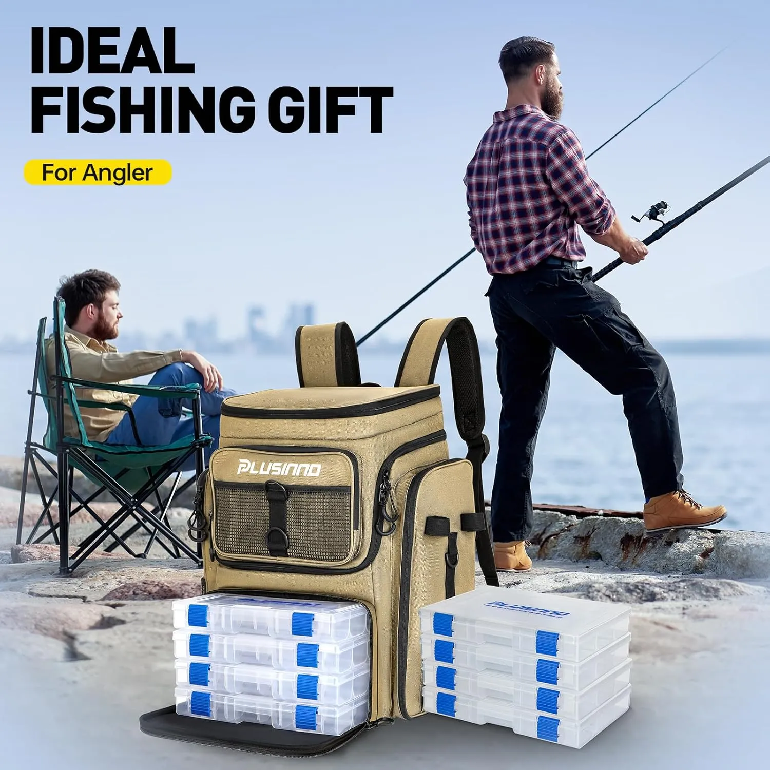 PLUSINNO Fishing Backpack with Rod Holders Tackle Box, 42L Large Water-resistant Fishing Tackle Bag Store Fishing Gear