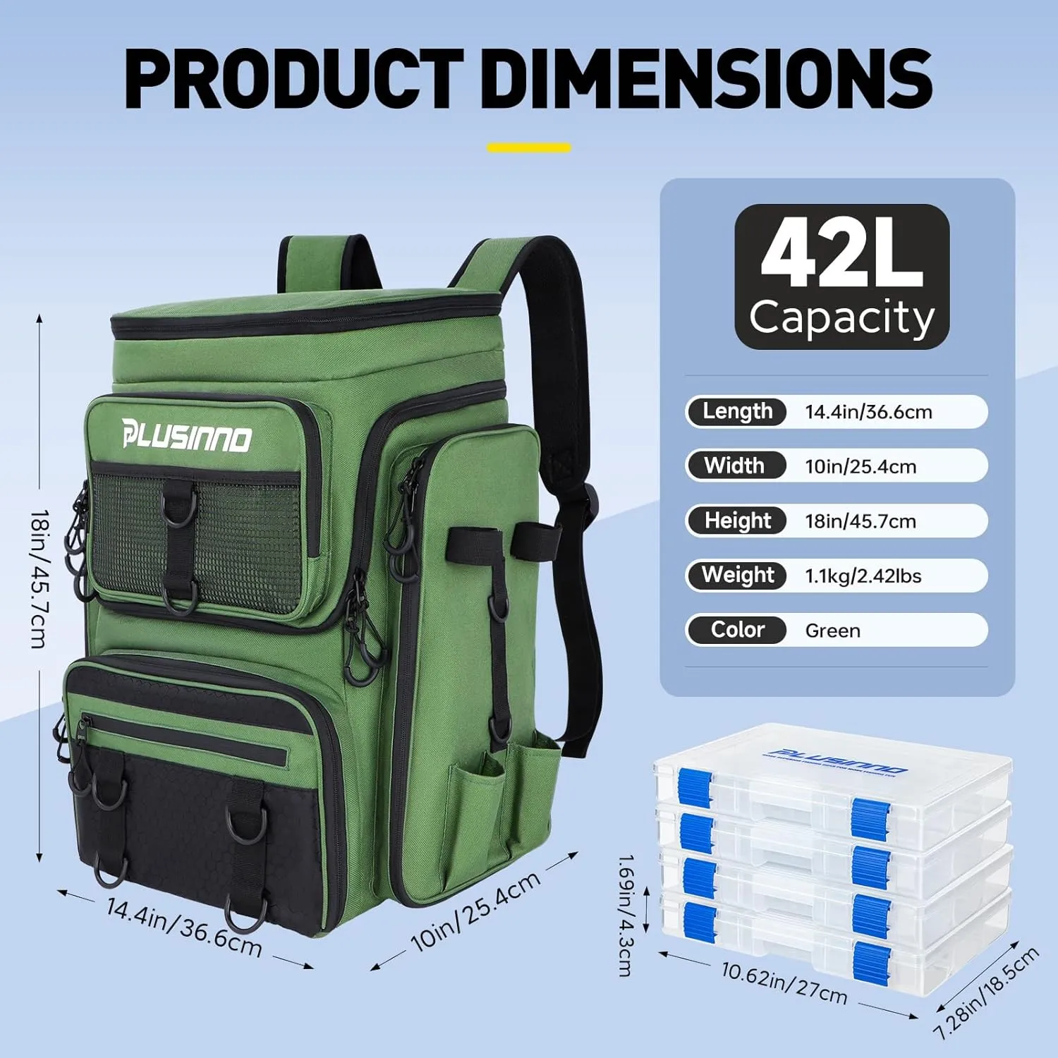 PLUSINNO Fishing Backpack with Rod Holders Tackle Box, 42L Large Water-resistant Fishing Tackle Bag Store Fishing Gear