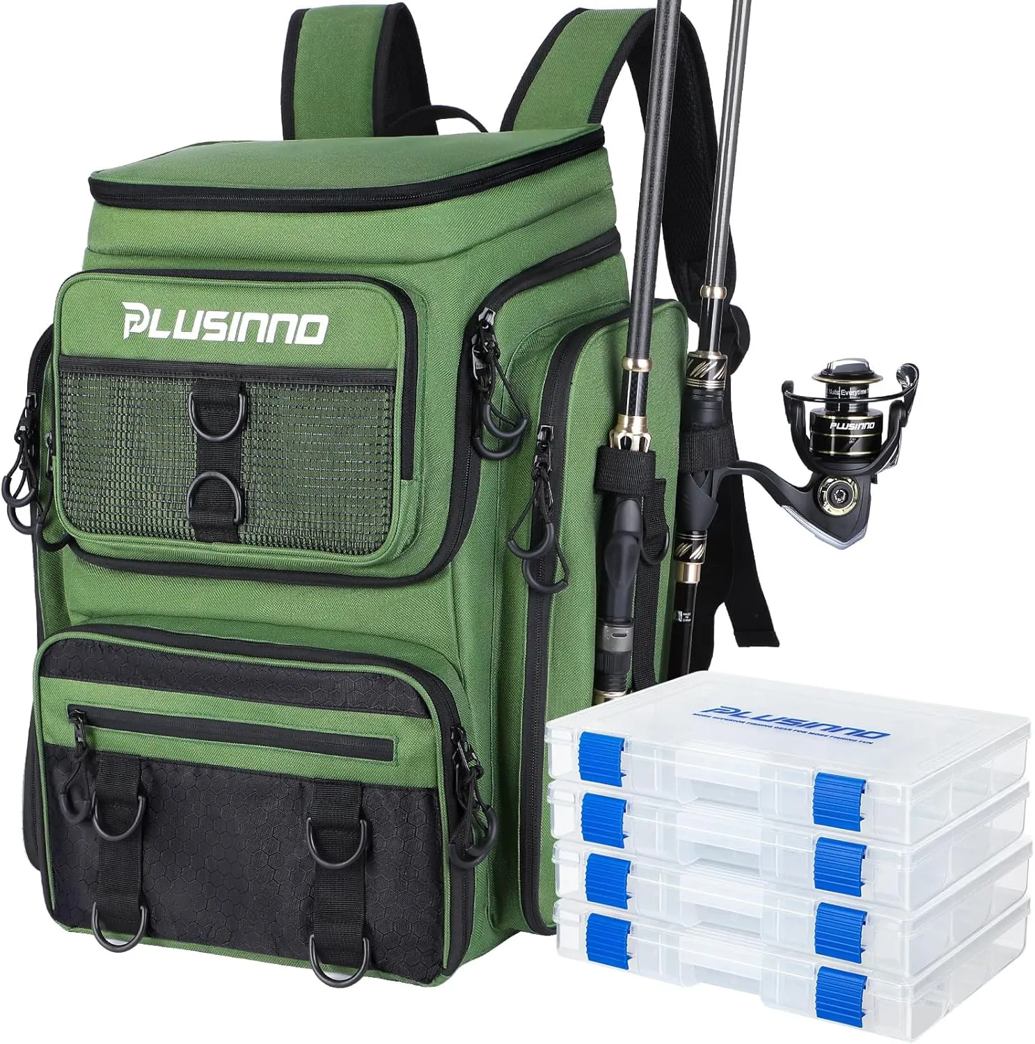 PLUSINNO Fishing Backpack with Rod Holders Tackle Box, 42L Large Water-resistant Fishing Tackle Bag Store Fishing Gear