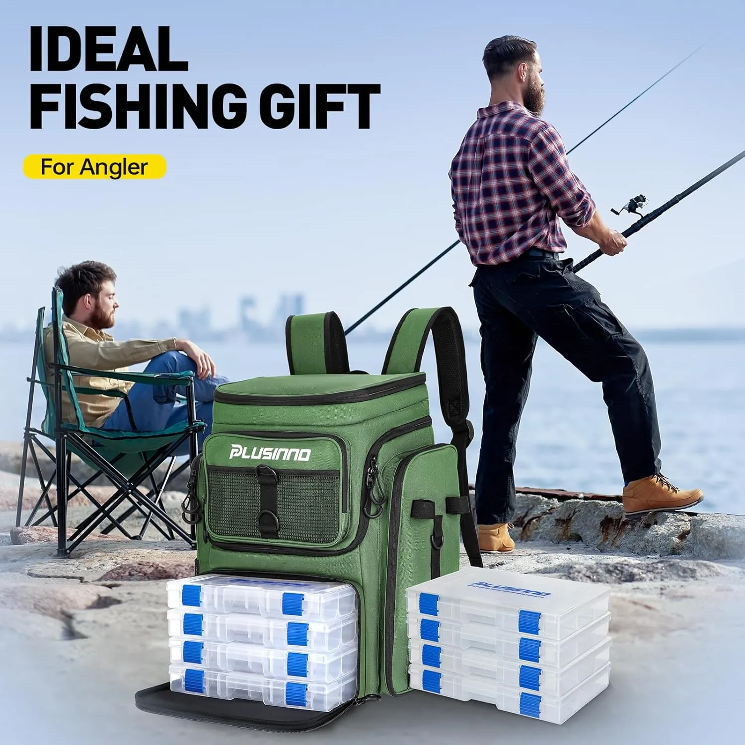 PLUSINNO Fishing Backpack with Rod Holders Tackle Box, 42L Large Water-resistant Fishing Tackle Bag Store Fishing Gear
