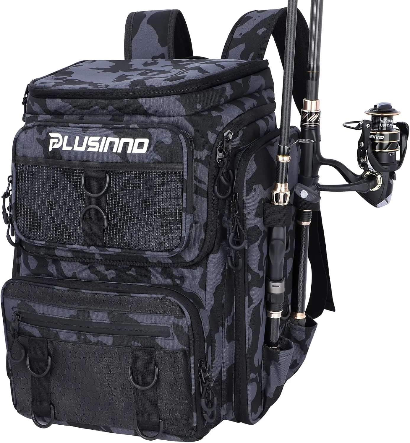 PLUSINNO Fishing Backpack with Rod Holders Tackle Box, 42L Large Water-resistant Fishing Tackle Bag Store Fishing Gear