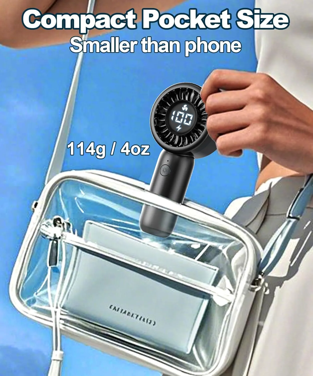 Portable Handheld Turbo Fan with LED Display - Turbocharged 32ft Cooling, Long-lasting 5 Speeds 4oz Lightweight, USB Rechargeable Mini Personal Hand Held Fan for Travel, Office, Makeup, Women/Men