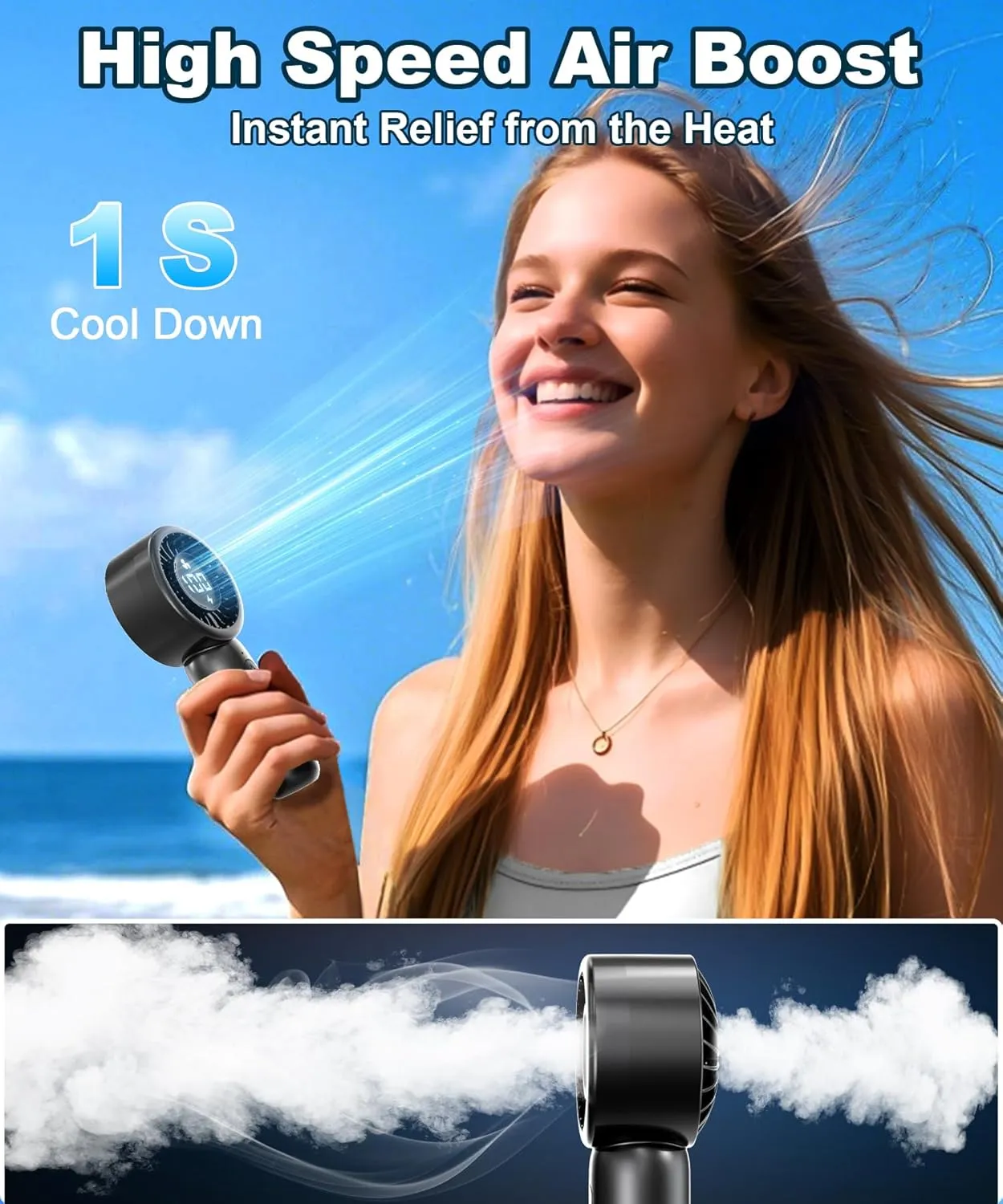 Portable Handheld Turbo Fan with LED Display - Turbocharged 32ft Cooling, Long-lasting 5 Speeds 4oz Lightweight, USB Rechargeable Mini Personal Hand Held Fan for Travel, Office, Makeup, Women/Men