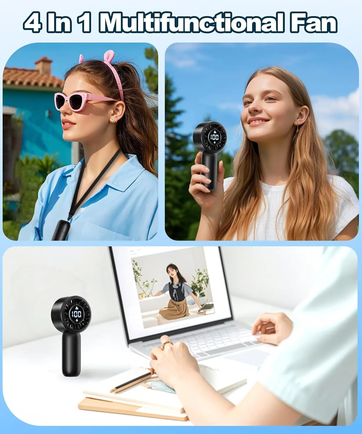 Portable Handheld Turbo Fan with LED Display - Turbocharged 32ft Cooling, Long-lasting 5 Speeds 4oz Lightweight, USB Rechargeable Mini Personal Hand Held Fan for Travel, Office, Makeup, Women/Men