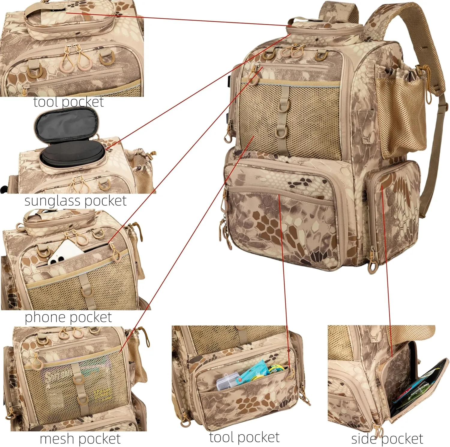 Rabjen Fishing Tackle Backpack with Rod Holders, Bottle Holder, Storage Bag Store Fishing Gear
