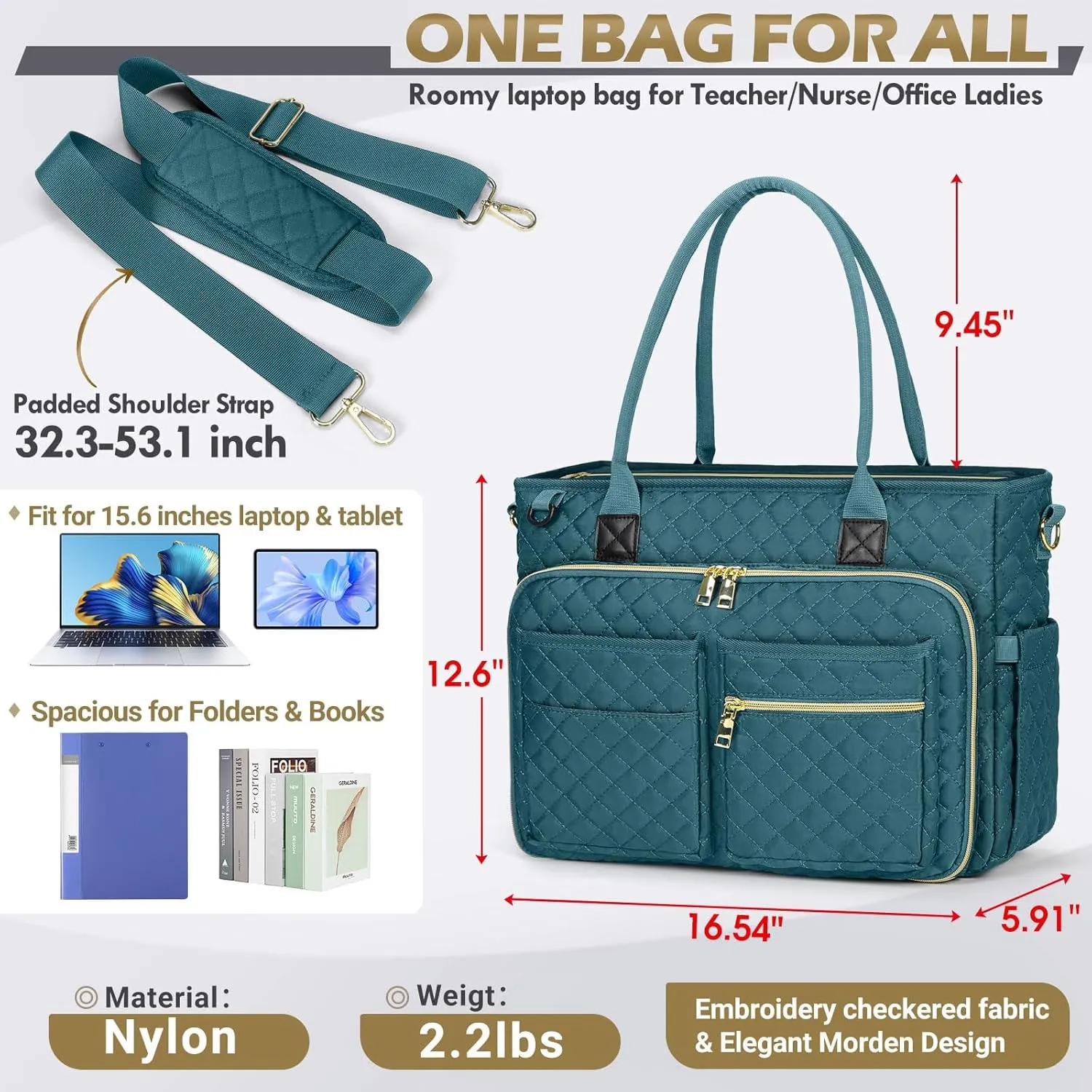 RAINSMORE Teacher Tote Bag 15.6 inch Laptop Bag for Women Work Bags Laptop Tote Nurse Bag Professional Computer Messenger with Insulated Pocket, Laptop Briefcase for Office, College, Nursing, Teal