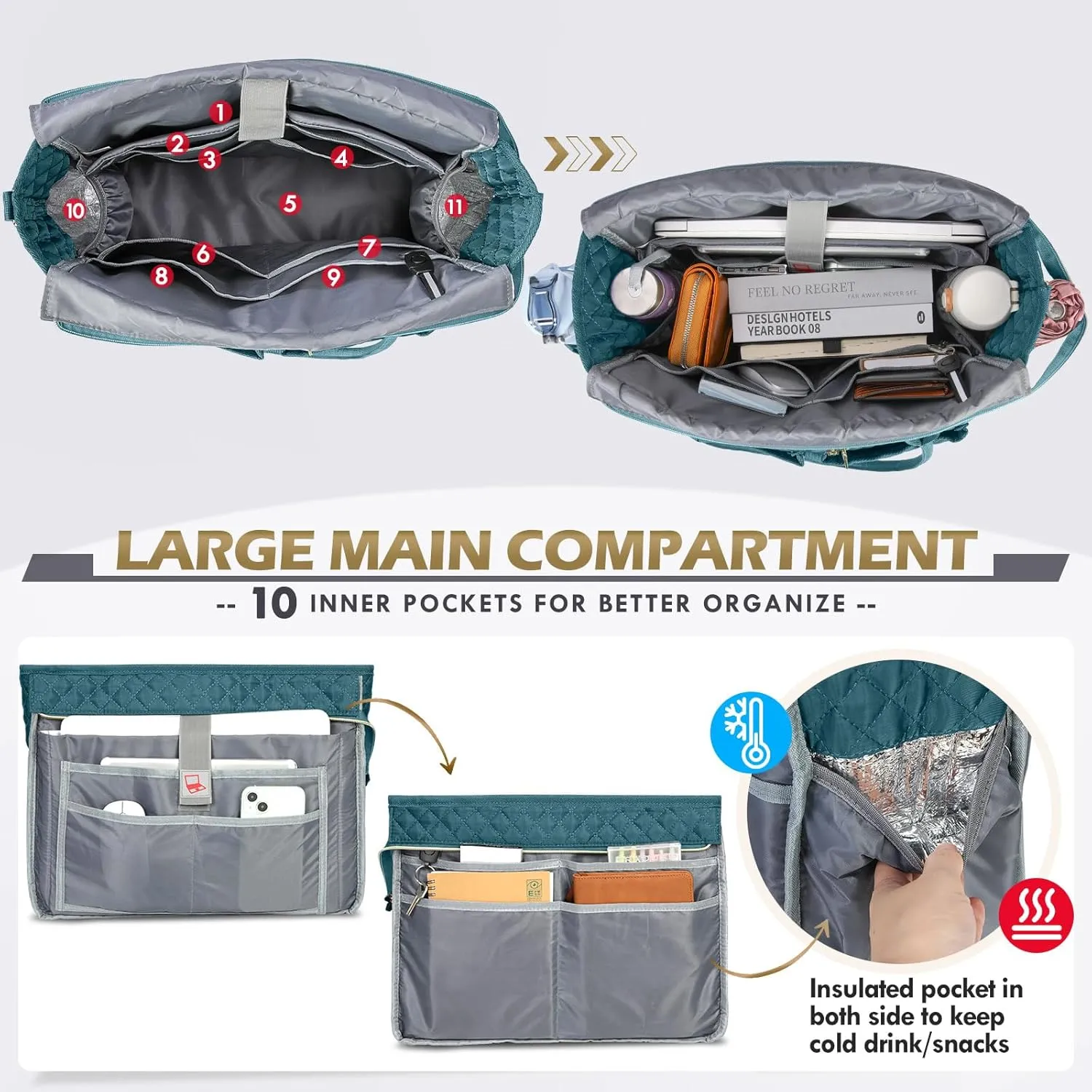 RAINSMORE Teacher Tote Bag 15.6 inch Laptop Bag for Women Work Bags Laptop Tote Nurse Bag Professional Computer Messenger with Insulated Pocket, Laptop Briefcase for Office, College, Nursing, Teal