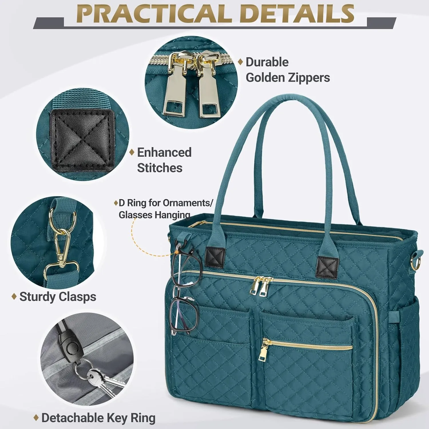 RAINSMORE Teacher Tote Bag 15.6 inch Laptop Bag for Women Work Bags Laptop Tote Nurse Bag Professional Computer Messenger with Insulated Pocket, Laptop Briefcase for Office, College, Nursing, Teal