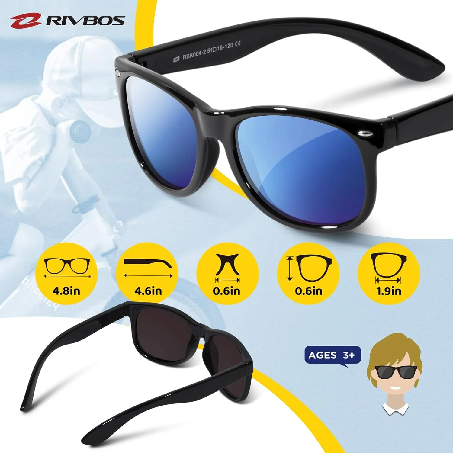 RIVBOS Kids Sunglasses Polarized UV Protection Flexible Rubber Glasses Shades with Strap for Boys Girls RBK004