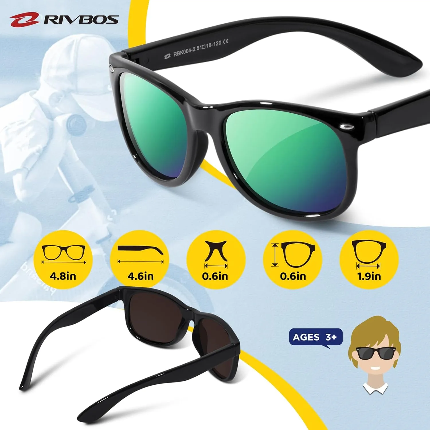 RIVBOS Kids Sunglasses Polarized UV Protection Flexible Rubber Glasses Shades with Strap for Boys Girls RBK004