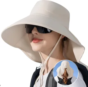 Ruqizhi Sun Hats for Women with Neck Flap Ponytail Hole Women Sun Hats Rollable UV Protection Fishing Hats Wide Brim UPF 50 