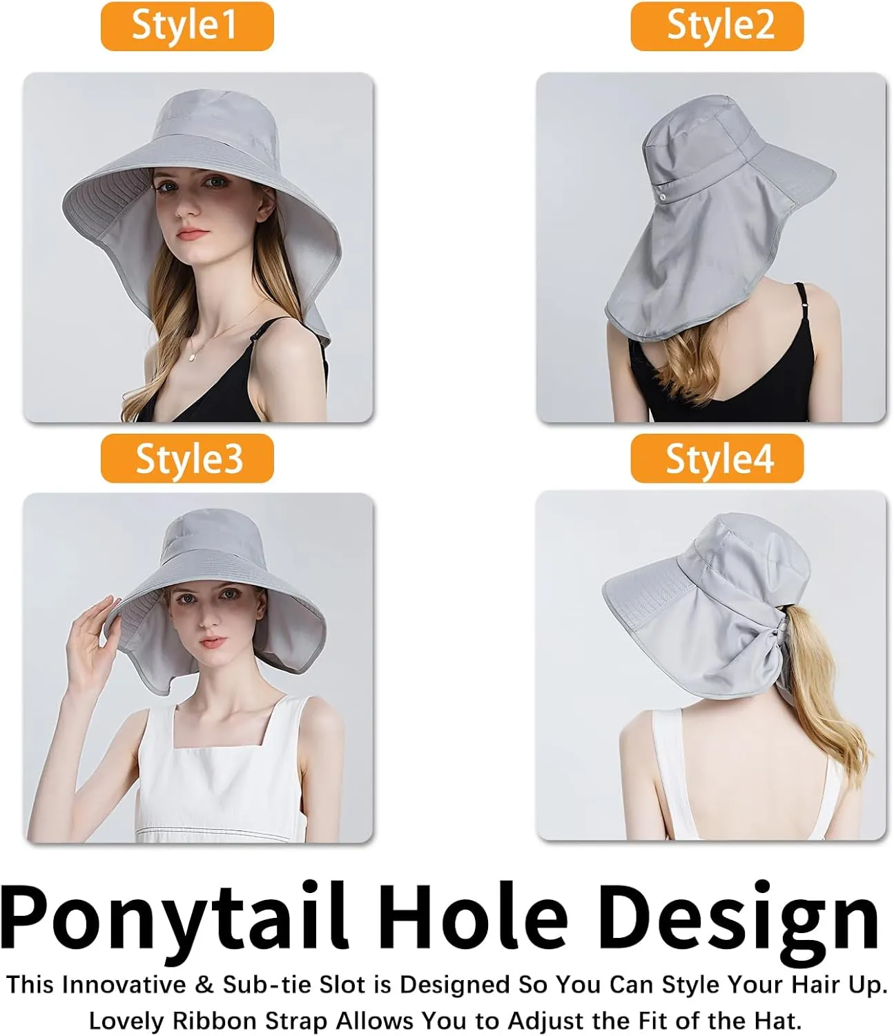 Ruqizhi Sun Hats for Women with Neck Flap Ponytail Hole Women Sun Hats Rollable UV Protection Fishing Hats Wide Brim UPF 50 