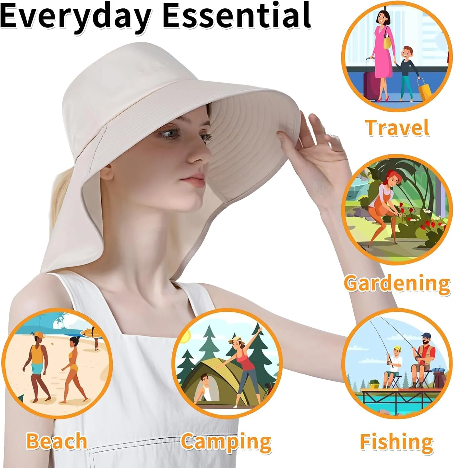Ruqizhi Sun Hats for Women with Neck Flap Ponytail Hole Women Sun Hats Rollable UV Protection Fishing Hats Wide Brim UPF 50 