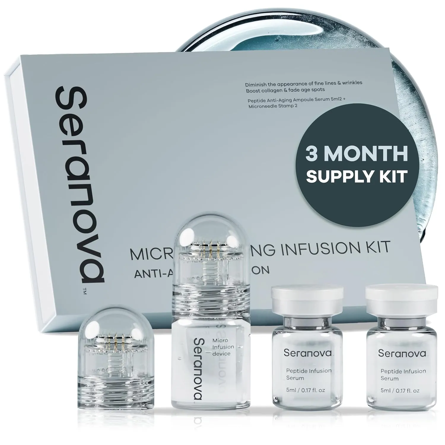 Seranova - Micro Infusion for Skin Care  with Collagen Peptides & Hyaluronic Acid, Face Serum and Stamp 0.05mm - 3 Month Supply