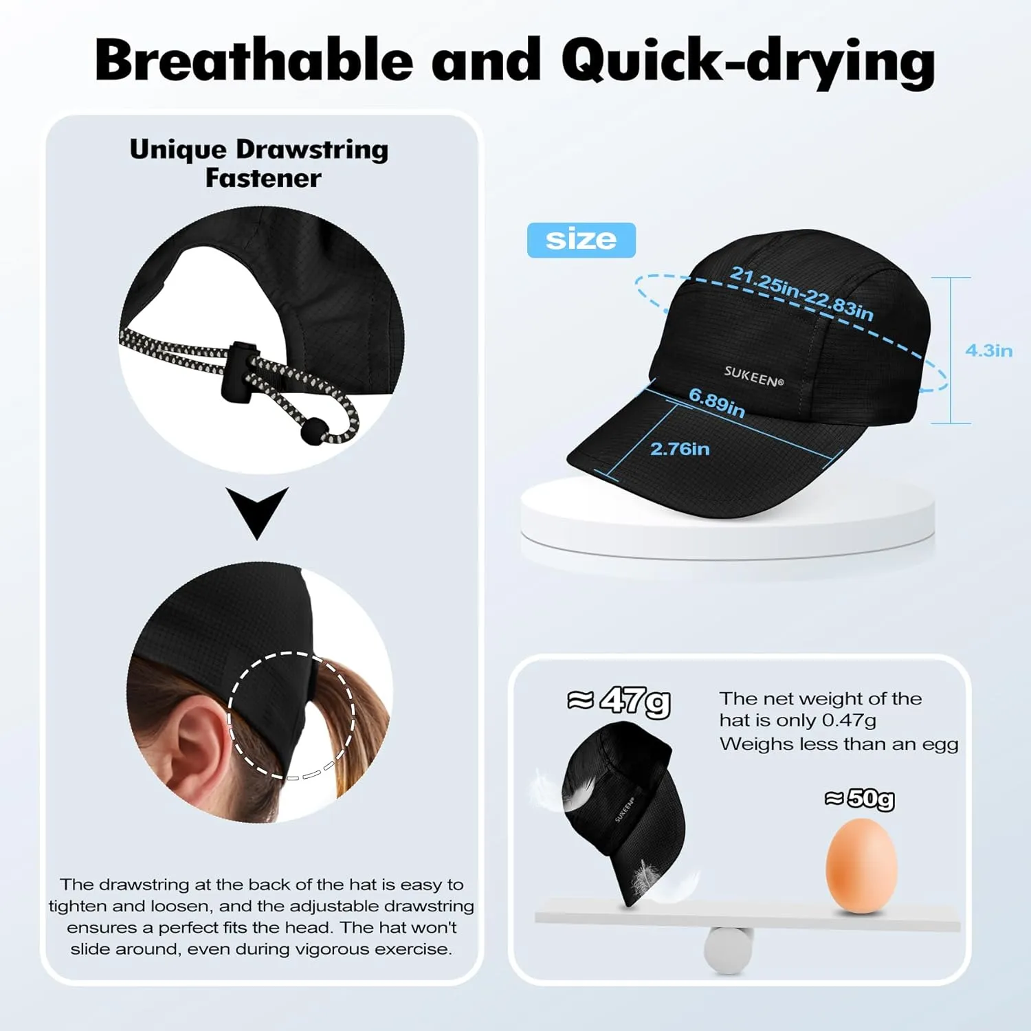 Sukeen Lightweight Sun Hat for Women Men,Quick Drying Baseball Cap UPF50  Running Hats Foldable Sport Cap for Outdoor Daily