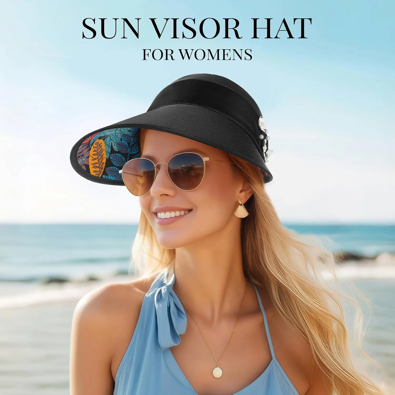 Sun Hats for Women, Wide Brim Beach Hats UV Protection, Packable Visor Ponytail Sunhat for Summer