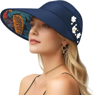 Sun Hats for Women, Wide Brim Beach Hats UV Protection, Packable Visor Ponytail Sunhat for Summer