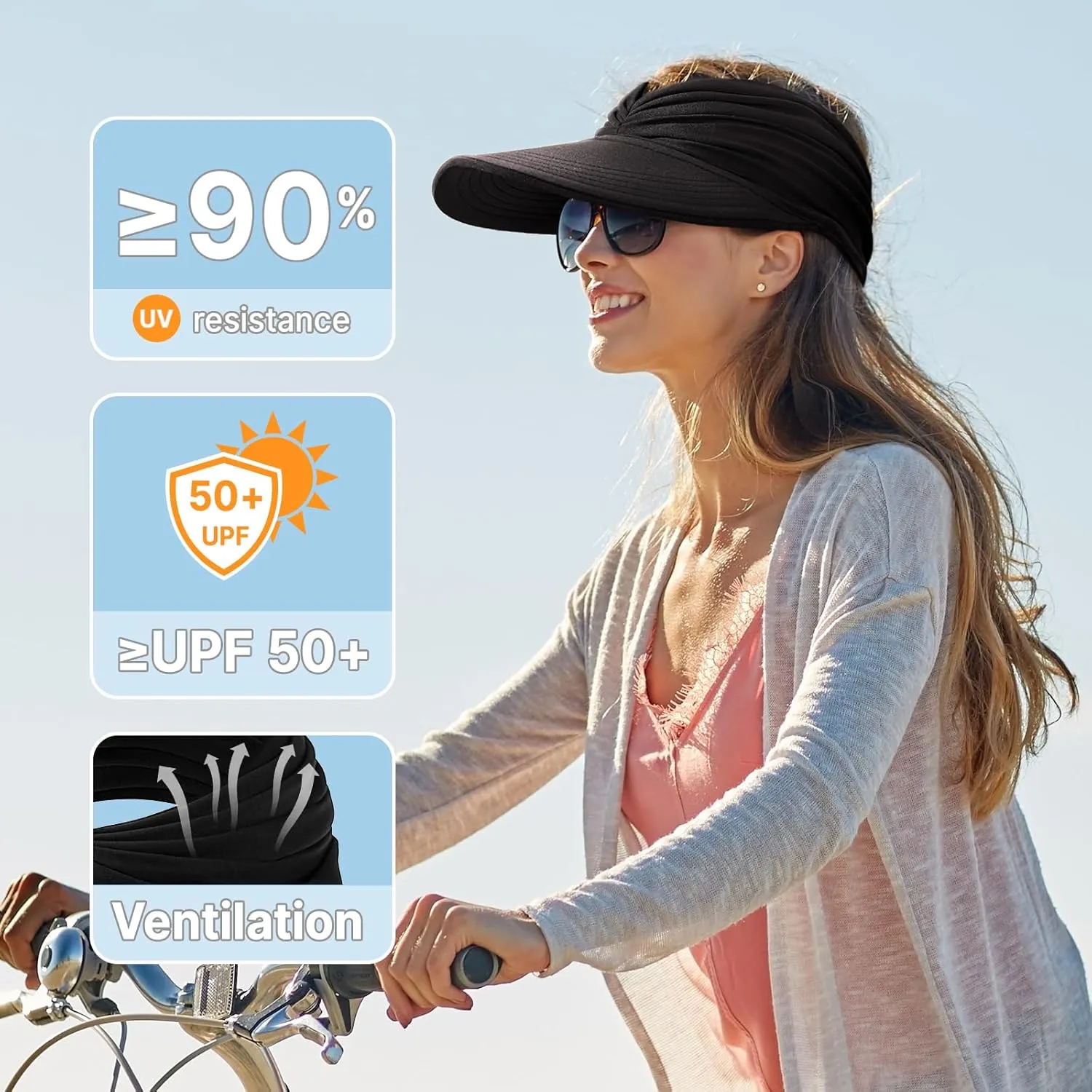Sun Hats for Women, Wide Brim Beach Hats UV Protection, Packable Visor Ponytail Sunhat for Summer