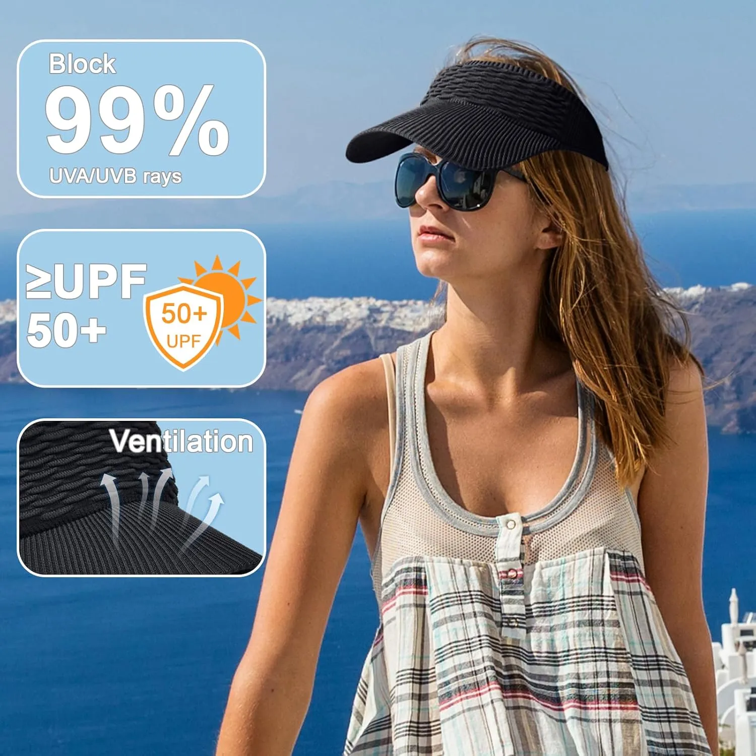 Sun Hats for Women, Wide Brim Beach Hats UV Protection, Packable Visor Ponytail Sunhat for Summer