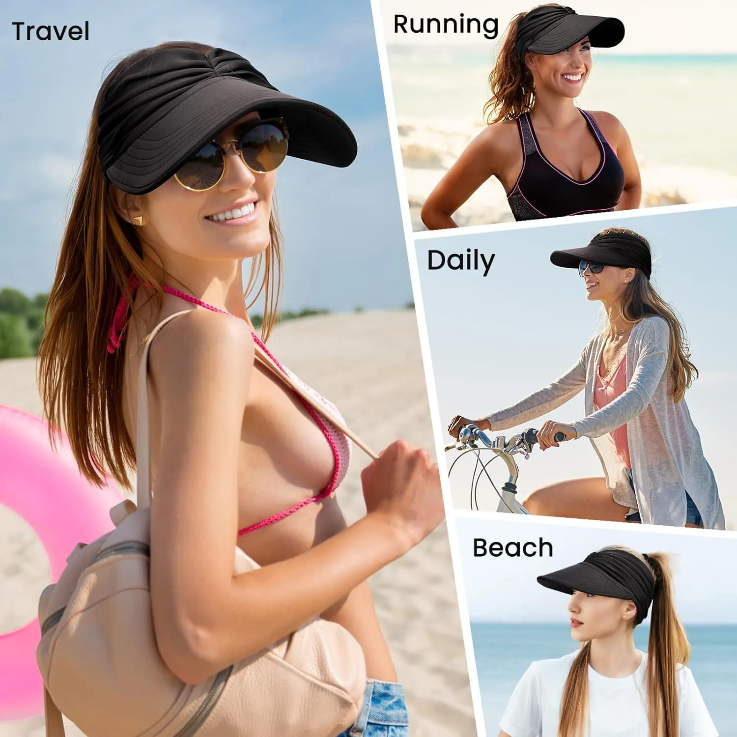 Sun Hats for Women, Wide Brim Beach Hats UV Protection, Packable Visor Ponytail Sunhat for Summer