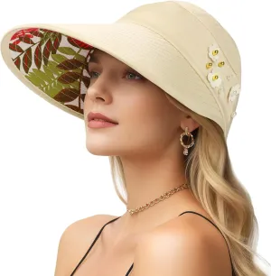 Sun Hats for Women, Wide Brim Beach Hats UV Protection, Packable Visor Ponytail Sunhat for Summer