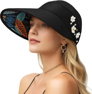 Sun Hats for Women, Wide Brim Beach Hats UV Protection, Packable Visor Ponytail Sunhat for Summer