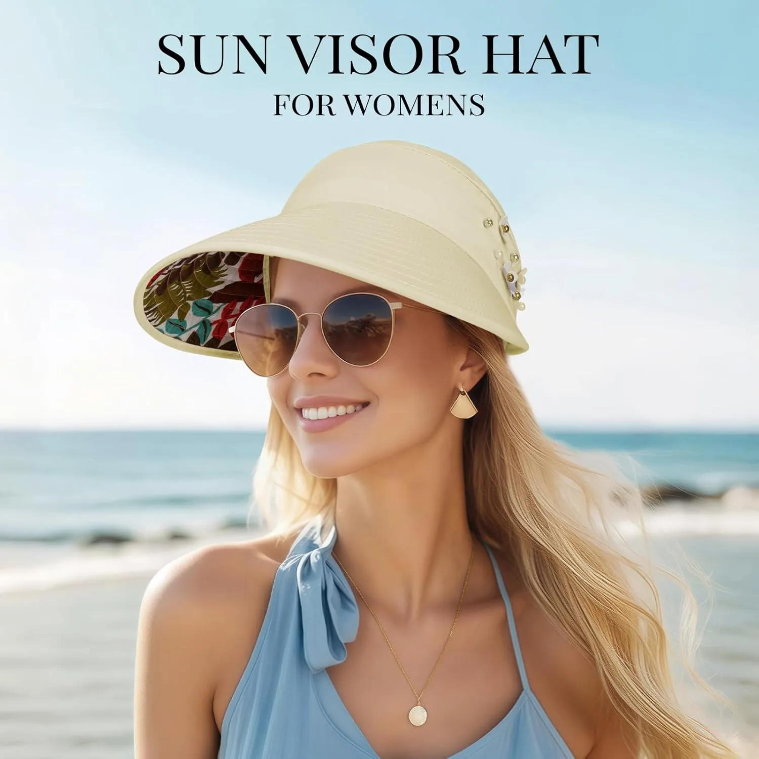 Sun Hats for Women, Wide Brim Beach Hats UV Protection, Packable Visor Ponytail Sunhat for Summer