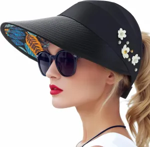 Sun Hats for Women, Wide Brim Beach Hats UV Protection, Packable Visor Ponytail Sunhat for Summer
