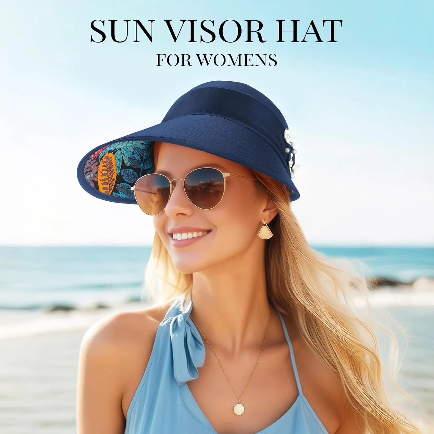 Sun Hats for Women, Wide Brim Beach Hats UV Protection, Packable Visor Ponytail Sunhat for Summer
